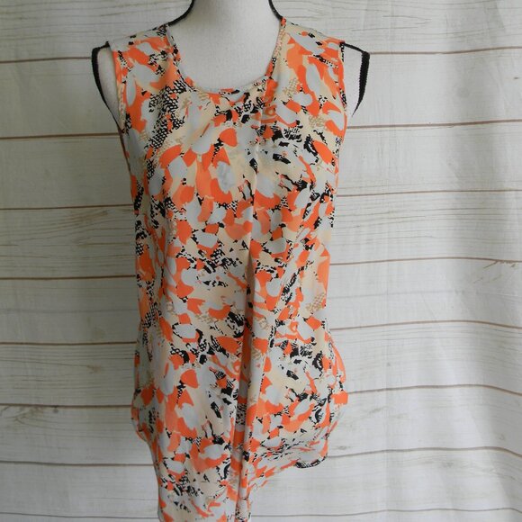 DKNY Pleated Top Sz S Keyhole ORANGE/MULTI Sleeveless Stretch Geometric CAREER - Picture 1 of 5